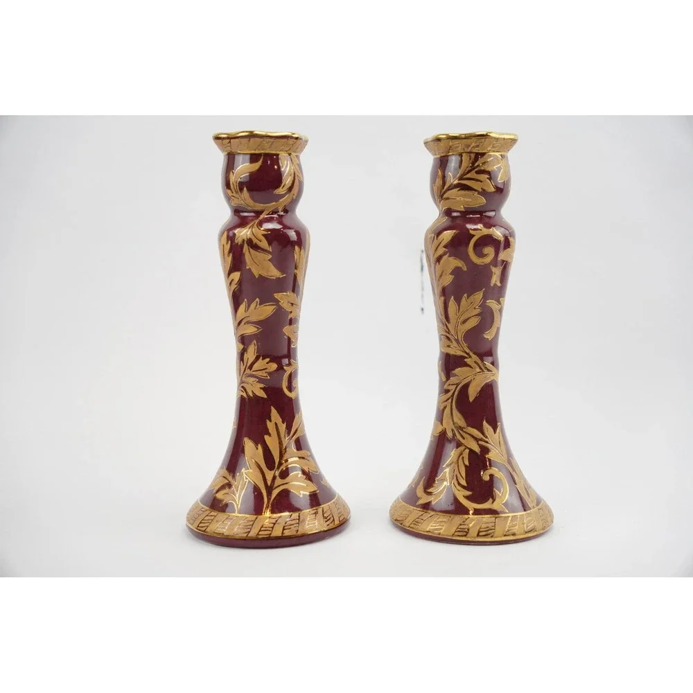 Andrea by Sadek Burgundy Gold Floral Candlesticks Pair 10.5